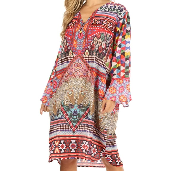 Sakkas Ximena Women's Floral Boho Cocktail Dress Tunic Cover-up V neck Summer - UM379-Multi - One Size