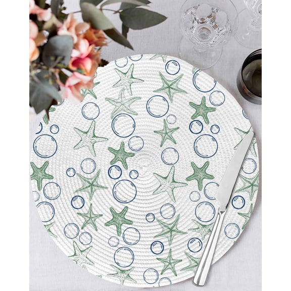 13 Inch Round Placemats Set of 4, Sage Green Coastal Non Slip Heat Insulation PP Table Mats, Starfish Nautical Ocean Sea Wooden Washable Place Mats for Kitchen Dining Party Table Decor