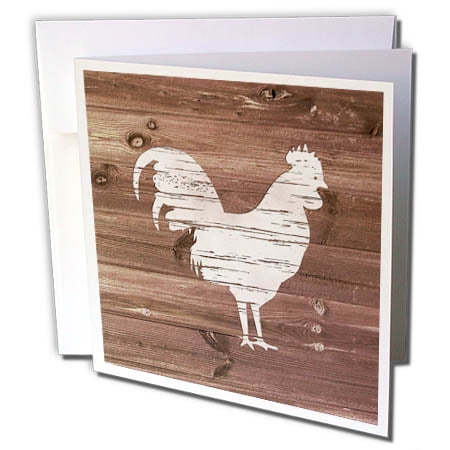 - 3dRose White Painted Rooster on Brown Weatherboard- Not Real Wood - Greeting Cards, 6 by 6-inches, set of 12