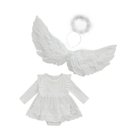 

Xingqing Baby Girls Rompers Dress Bodysuits with Halo Headband and Angel Wing