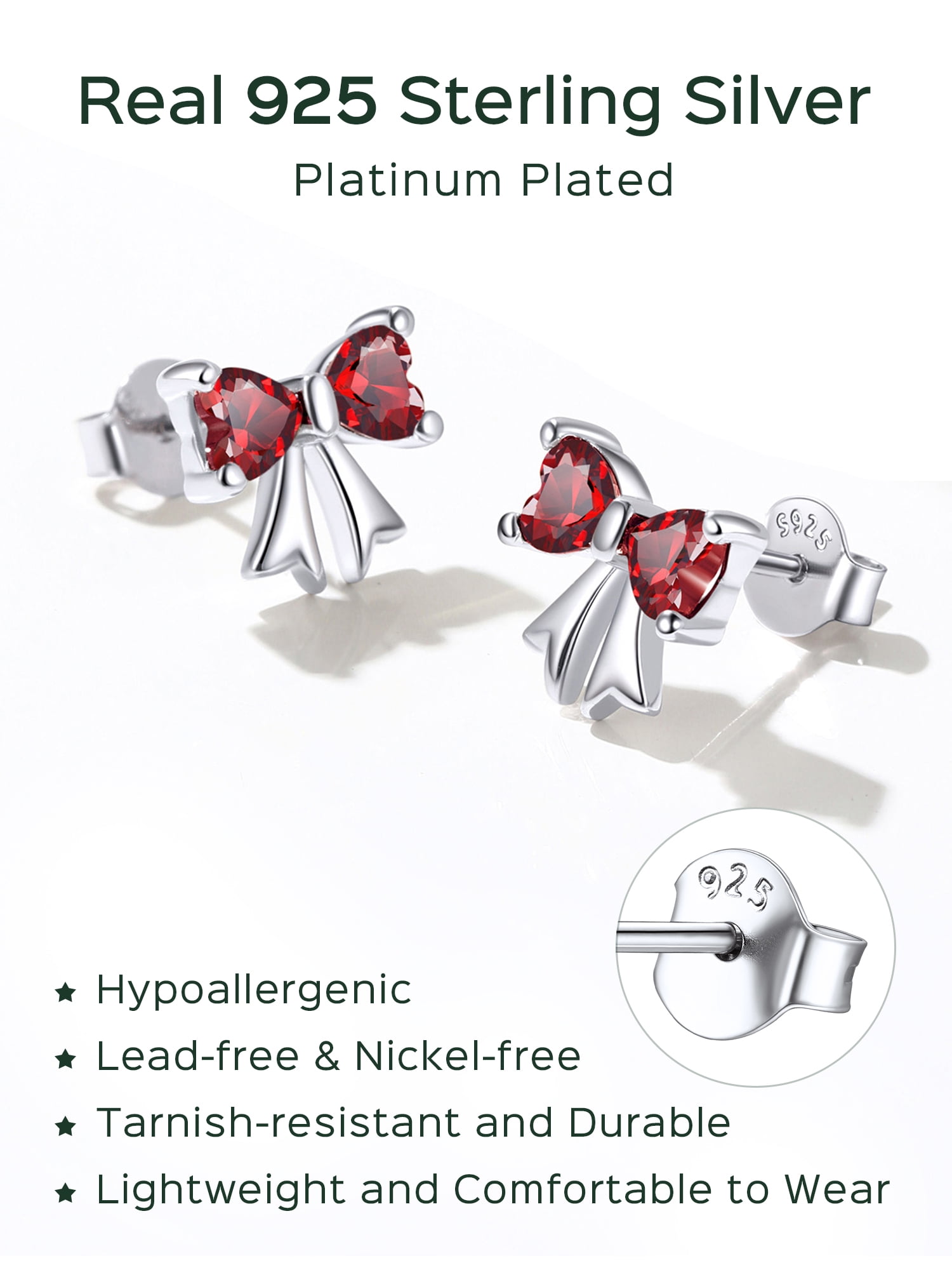 ChicSilver 925 Sterling Silver Stud Earrings Hypoallergenic Created Garnet Stud Earring Red Bow Earring January Birthstone Earrings for Women