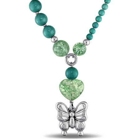 Tangelo Green Jade Beaded Sterling Silver Butterfly Necklace