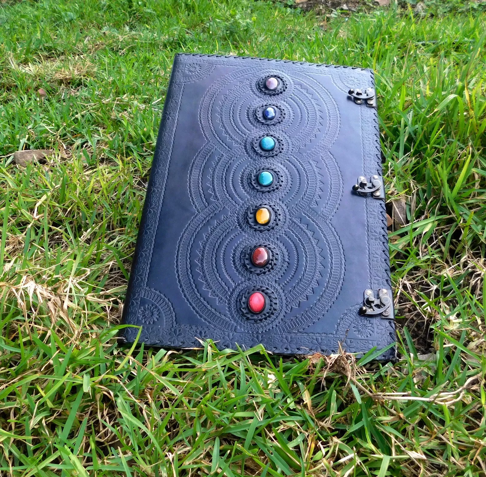 Handcrafted Embossed Design Vintage Leather Bound Journal Seven Stone Grimoire Diary Blank Notebook For Men & Women
