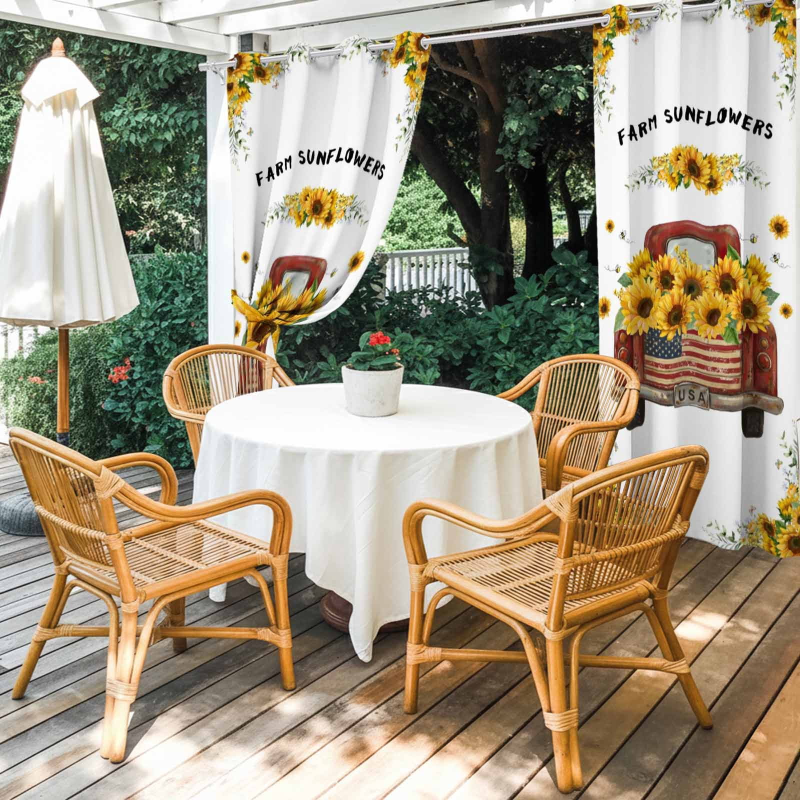 Outdoor Curtains for Patio Waterproof, Sunflower Truck Outdoor Privacy Panels Grommet, Yellow Flowers Summer Botanical Watercolor Blackout Outside Curtains for Porch/Cabana 54"x84", 1 Panel