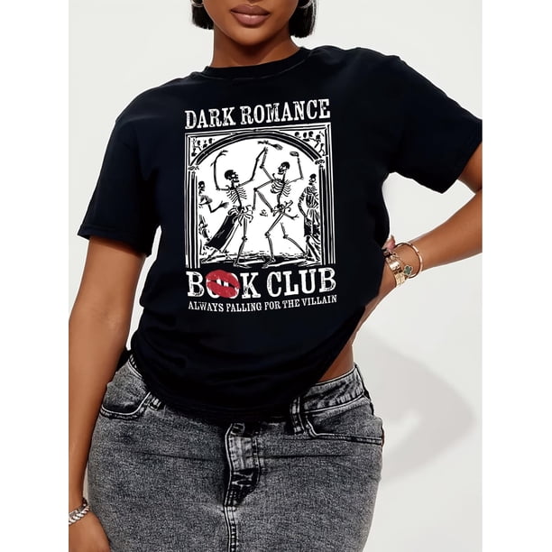 Camisetas para mujer, lindas camisetas con estampado gráfico, de manga corta, estilo casual, para veranoDark Romance Book Club Graphic Tee, Polyester Crew Neck T-Shirt, Casual Style, Regular Length,