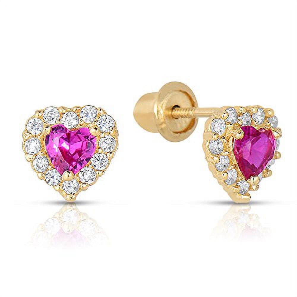 Tilo Jewelry 14K Yellow Gold Tiny Heart Stud Post Earrings with Pink CZ Birthstone | Secure Screw-backs | July-Ruby | Women & Unisex