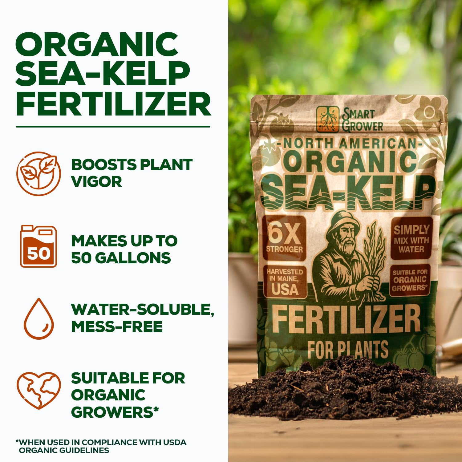 Organic Sea Kelp Fertilizer for Plants – Water-Soluble – Makes 50 Gallons – Kelp Meal Concentrate Plant Food – for Indoor Gardens, Hydroponics, Vegetables, Houseplants - - 2oz Bag