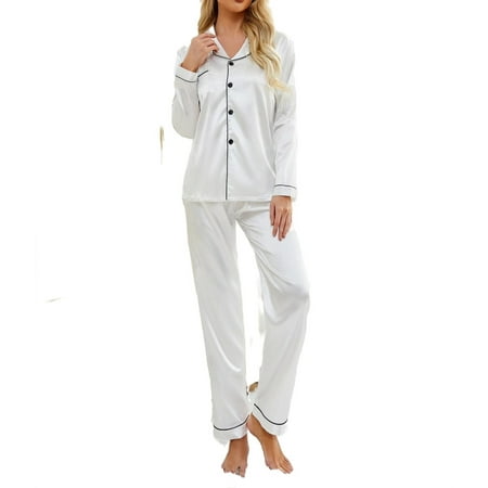 

Long Sleeve Simple Plain Contrast Binding Pant Sets Collar Women s Pajama Sets