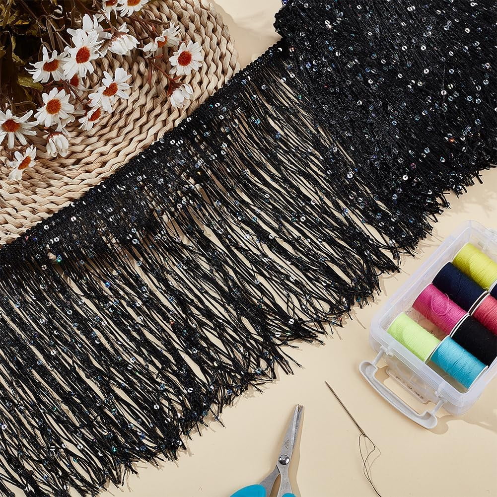 5M Paillette Tassel Polyester Ribbon Trim Clothes Accessories Black 7-7/8 inch(200mm) about 5.47 Yards(5m)/Bag