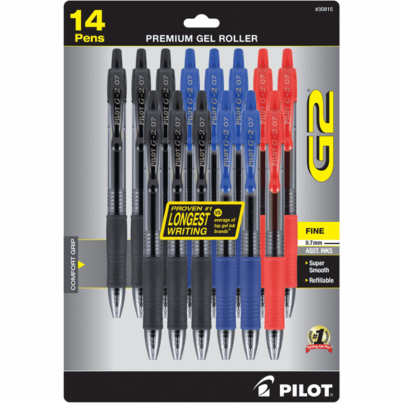 Pilot G2 Premium Retractable Gel Ink Pens, Fine Point, 0.7 mm, Assorted Ink, 14 Count