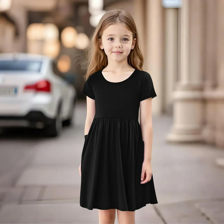 TQWQT Girls Black Dresses Summer Short Sleeve Plain Dress Size 10-12 Kids  Crew Neck Party Dress Cute Girls Sundress Tween Girls T-Shirt Dress with  Pockets Black 160 - Walmart.com