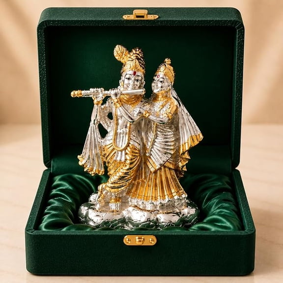 Silver & 24K Gold Plated Radha Krishna Idol for Gift 3.7 Inch | Radhe Krishna Murti for Wedding Gift, for Couple, House Warming Gifts, Pooja Room Decor