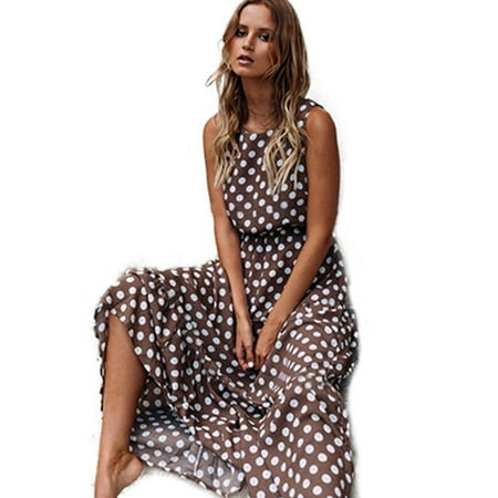 Dotted Sleeveless Dress - Women's Boho Polka Dot Sleeveless Maxi Dress Summer