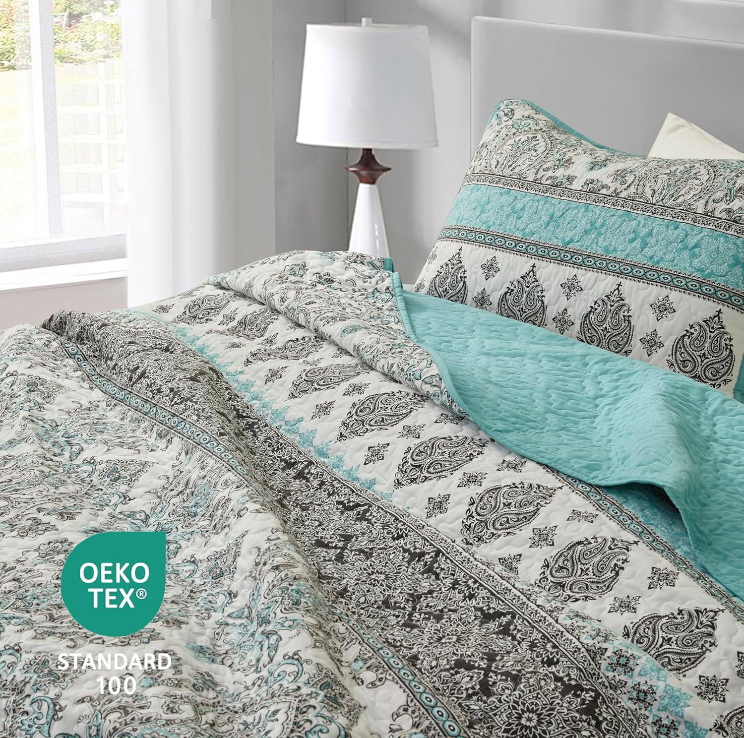 Chezmoi Collection Herald 3-Piece Printed Quilt Set, Aqua Blue Black White Boho Damask Coverlet, Pre-Washed Microfiber Lightweight Bedspread for All Seasons, King Size