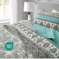 thumbnail image 4 of Chezmoi Collection Herald 3-Piece Printed Quilt Set, Aqua Blue Black White Boho Damask Coverlet, Pre-Washed Microfiber Lightweight Bedspread for All Seasons, King Size, 4 of 9