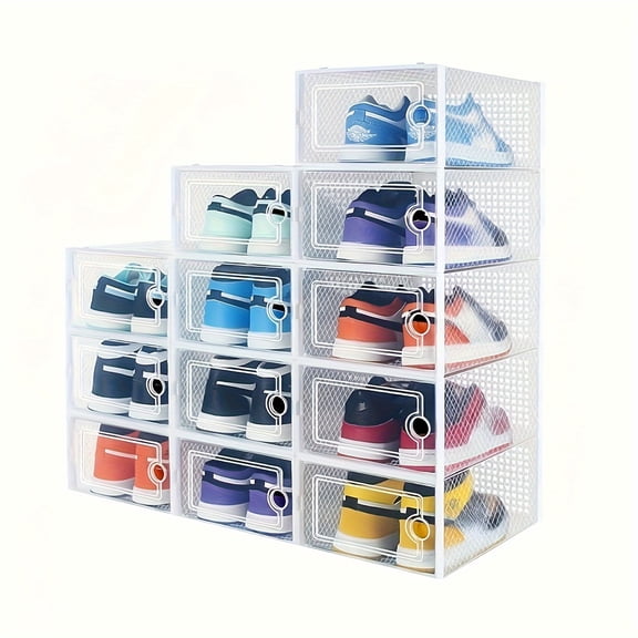 12/15 Pack Shoe Storage Organizer Boxes, Clear Shoe Boxes Stackable, Shoe Organizer For Closet, Shoe Storage Boxes For Entryway, White