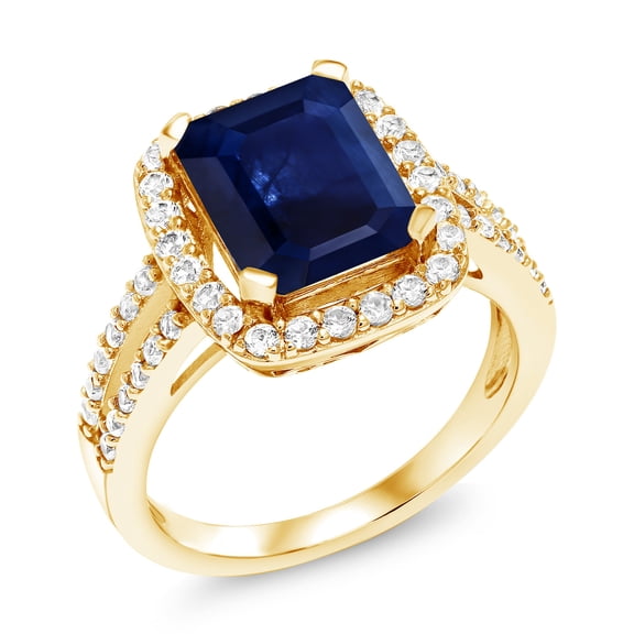 Gem Stone King 4.03 Ct Blue Sapphire White Created Sapphire 18K Yellow Gold Plated Silver Ring (Size 7)