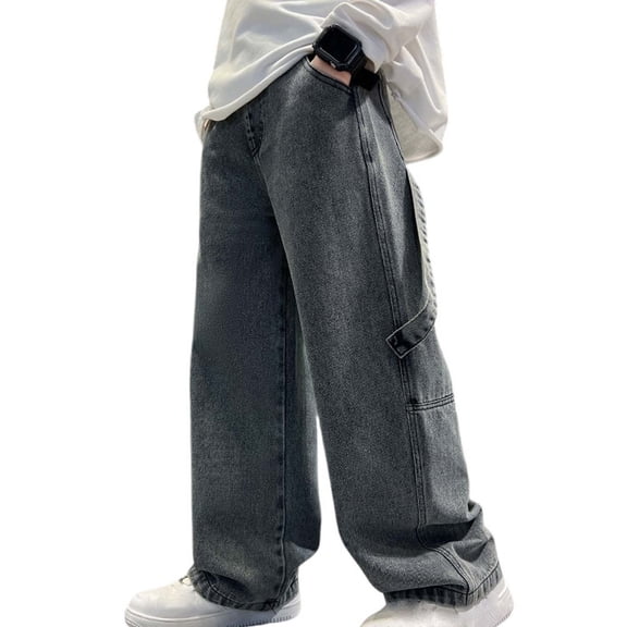 BFHHYA Big Boys Baggy Cargo Jeans Kids High Waist Straight Leg Hip Hop Pants Loose Fit Trousers Streetwear Ages 4-15 Years