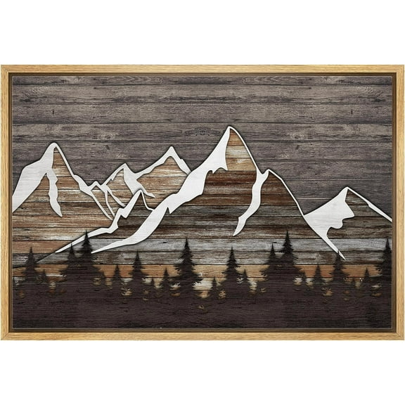 PixonSign Framed Canvas Print Wall Art Pastel Brown Tree Mountains Nature Wilderness Woodblock Illustrations Decorative Multicolor Landscape Wood Panels Country/Farmhouse - 16"x24" Natural