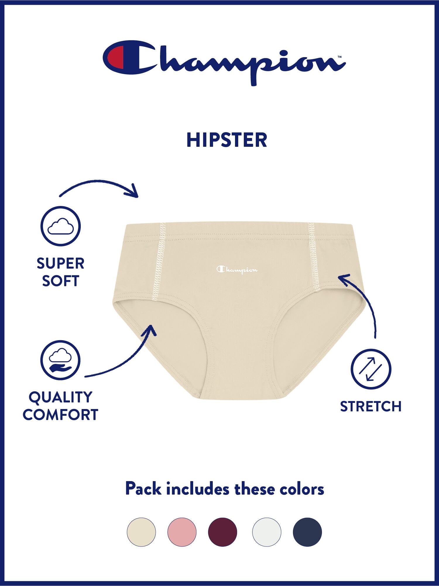 Champion Girls’ Softest Touch Classic Hipster Briefs, 5 Pack, Sizes XS–XL