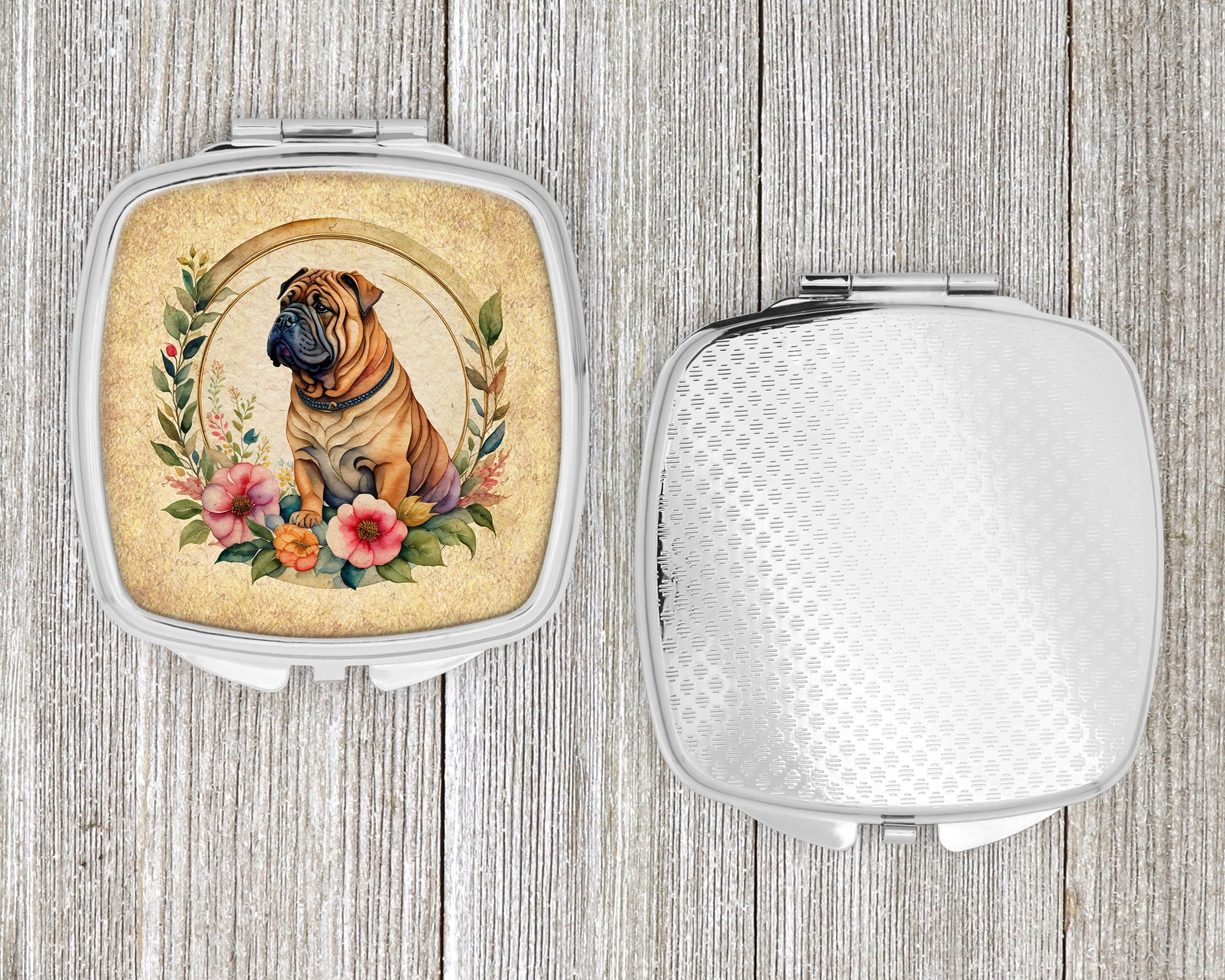 Shar Pei and Flowers Compact Mirror 2.75 in x 3 in