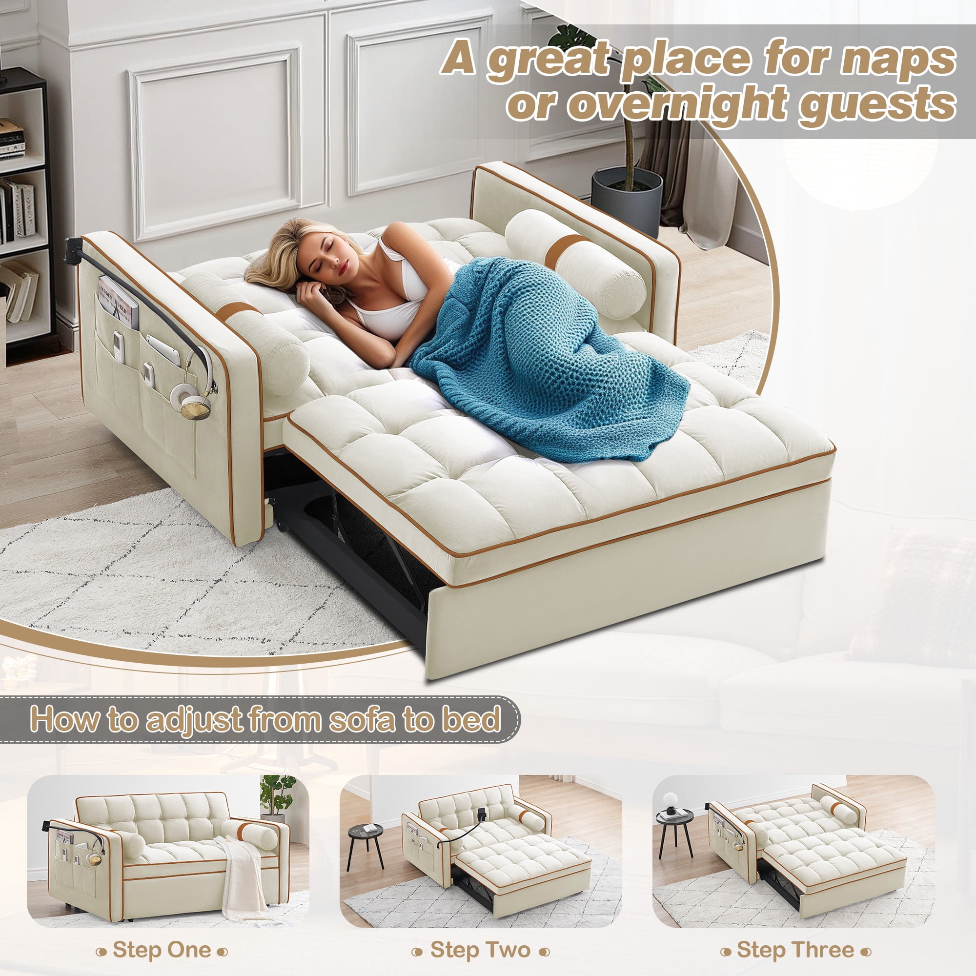 Lunale Convertible Pull Out Sofa Bed with Phone Stand, Tufted Loveseat Sleeper Sofa Bed for Living Room, Beige Velvet