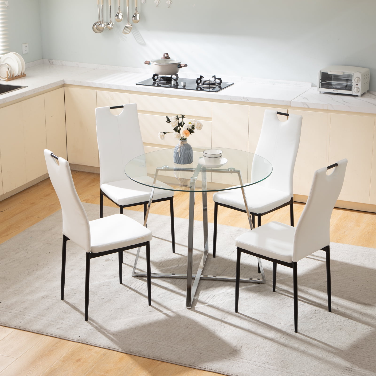 Omni House Dining Room Table Set for 4,Modern Space Saving Tempered Glass Dining Table and