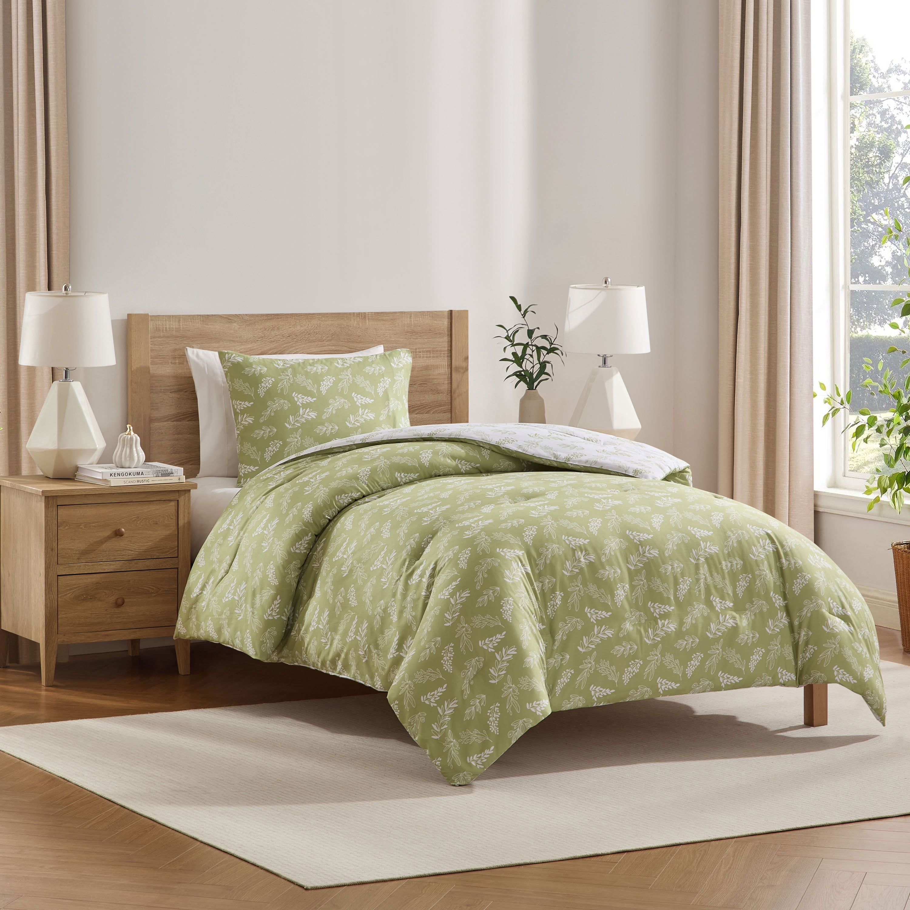 LammaLoe Twin Comforter Sets, 2 Piece Botanical Bed in a Bag, Reversible Bedding Comforter Set with Sheets, Modern Bed Set, Sage Green/Off White