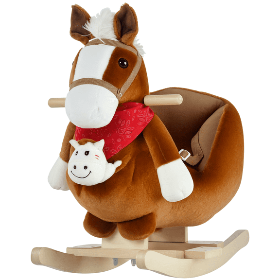 Beyamis Rocking Horse for Kids - Plush Ride-On Rocker with Lullaby Songs, Hand Puppets & Soft Fabric, Toddlers 18-36 Months Suitable, Brown