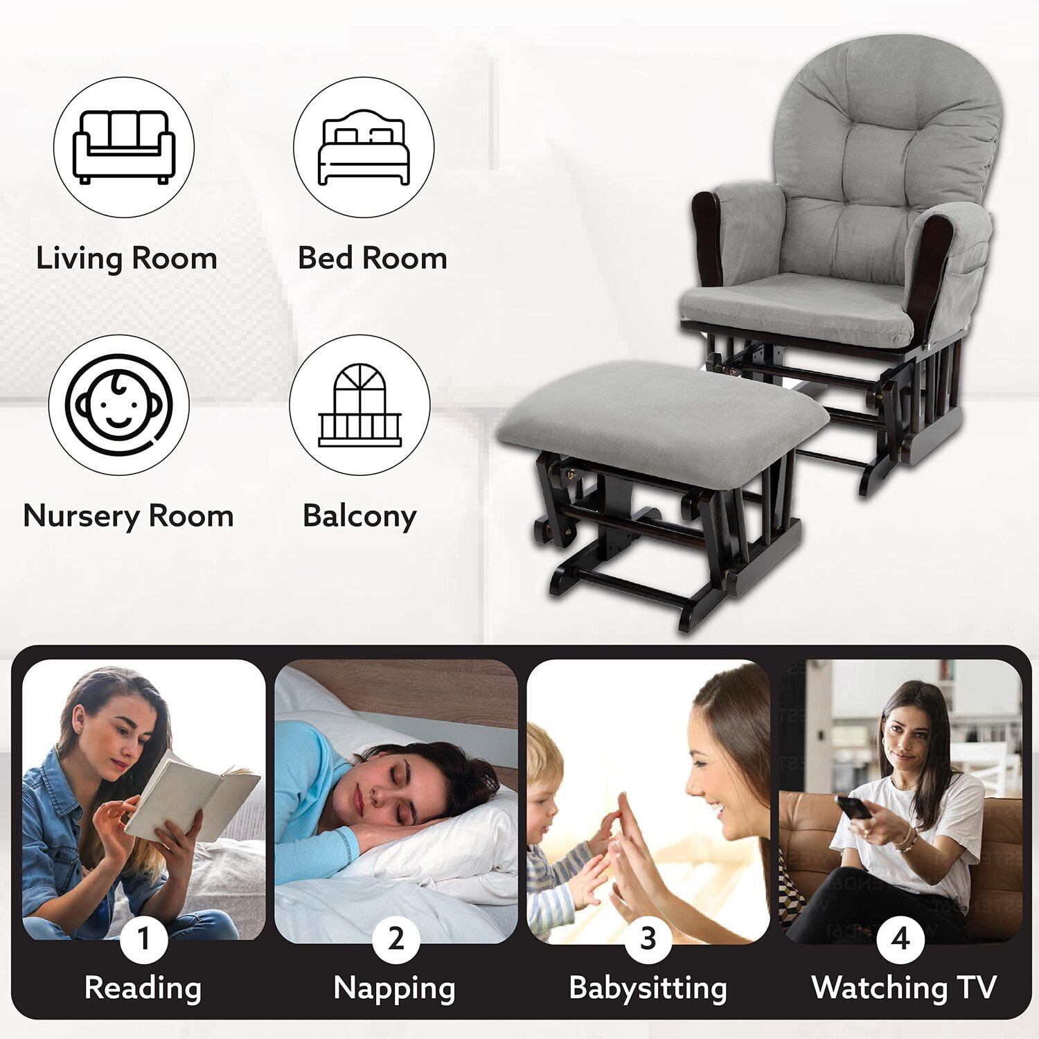 Brisbane Nursery Glider & Ottoman Set - Reclining Glider Rocker Chair for Breastfeeding, Maternity, & Comfort, White,Gray-Cushion Color:Dark Gray,Finish:Espresso