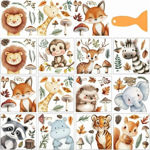 12 Sheets Rub On Transfer Stickers with Scraper Forest Animal Stickers with Lions Monkeys Deer Leaves for Bookstore Study Room Nursery School Window Decoration 5.5x5.5