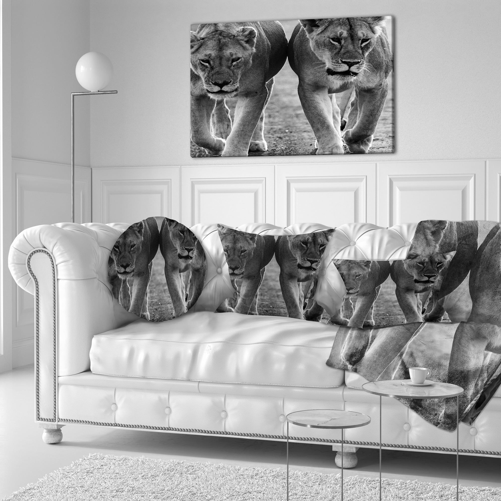 Designart Lions in Black and White - Animal Photo Throw Pillow - 12x20
