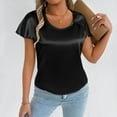 thumbnail image 2 of MIXUE Boho Tops For Women Summer Satin Solid Color Round Neck Short Sleeve Loose Fit Casual T Shirts Daily-Wear,Black,S, 2 of 6