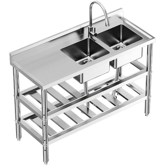 47x18x35in Stainless Steel Double Bowl Utility Sink NSF Certified Freestanding Commercial Kitchen Sink with Pull-Out Hot and Cold Faucet Adjustable Legs for Restaurant Laundry Room Bathroom