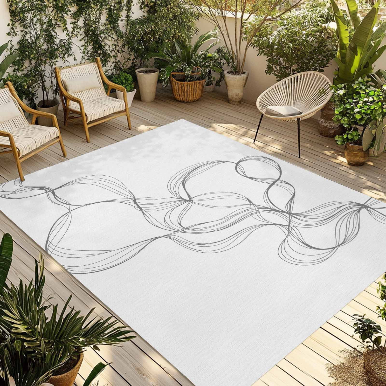 Outdoor Rug 3x5 ft White Twisted Lines Outdoor Large Area Rug Non Slip Rubber Abstract Art Front Door Mat RV Rug Camping Carpet Patio Outdoor Rugs for Backyard Balcony Deck Porch Indoor