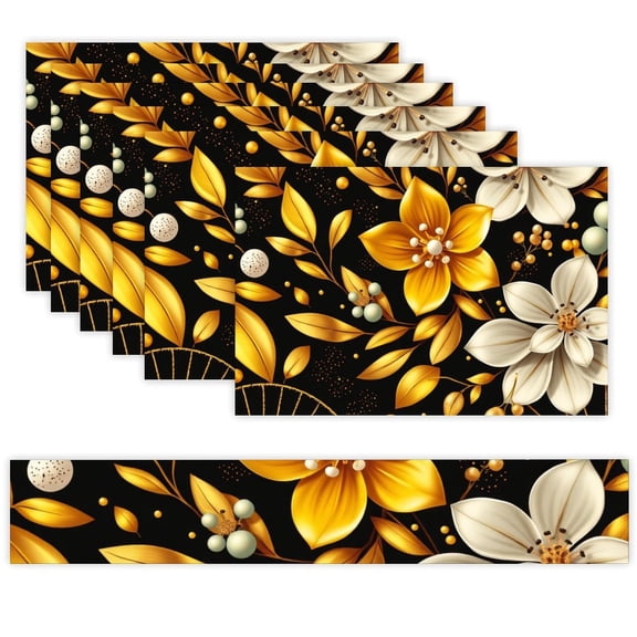 7 Piece Linen Table Runner and Placemats Set, Gold Floral Elegance Round Corner Heat Resistant Washable Table Mats for Home Kitchen Dining Party Decoration