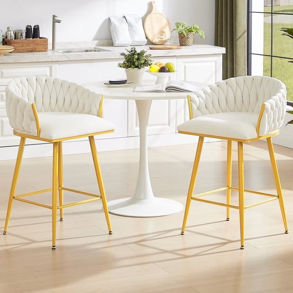 Counter Height Bar Stools Set of 2, 26 Inch Velvet Upholstered Stools, Woven Back, Metal Frame with Footrest, Modern Kitchen Island Chairs(Beige)