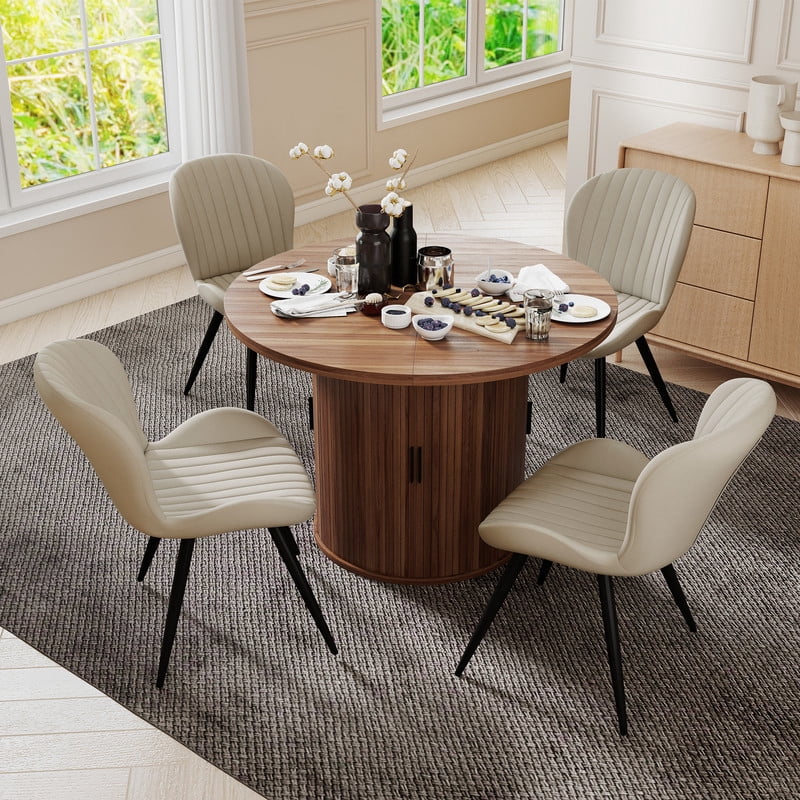 Hawsaiy 5-Piece Dining Table Set for 4, 47" Round Dining Table Set with 4 Upholstered Dining Chairs, Modern Farmhouse Table Set for Dining Room (Walnut+Beige)