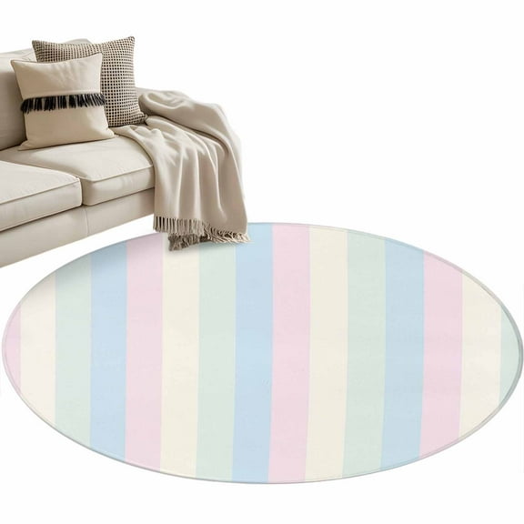 Colorful Striped Round Area Rug 4 FT, Non Slip Indoor Outdoor Rug, Rainbow Color Stripes Washable Soft Circular Carpet Non-Shedding Floor Mat for Coffee Table Nursery Foyer Balcony