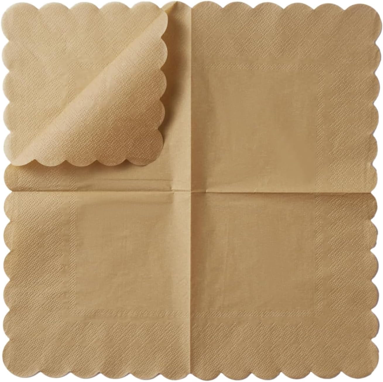 200 Pack Cocktail Napkin 2-Ply Scalloped Edged Dessert Napkins Folded 5 x 5 Inches Disposable Napkins for Dinner Wedding Birthday Party Bridal Anniversary Reception Event (Brown)