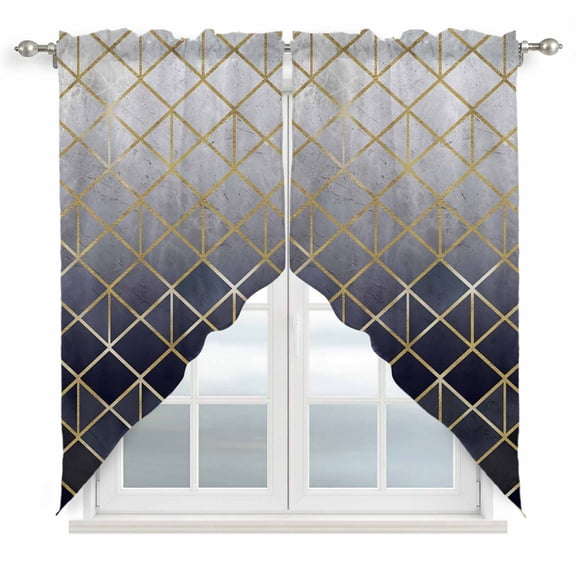 Blue Geometric Swag Curtains for Kitchen/Bedroom/Living Room, Modern Abstract Gradient Marble Scalloped Curtains 63 Inch Long, Rod Pocket Window Swag Topper Curtains Valances 2 Panels Set 36"x63"