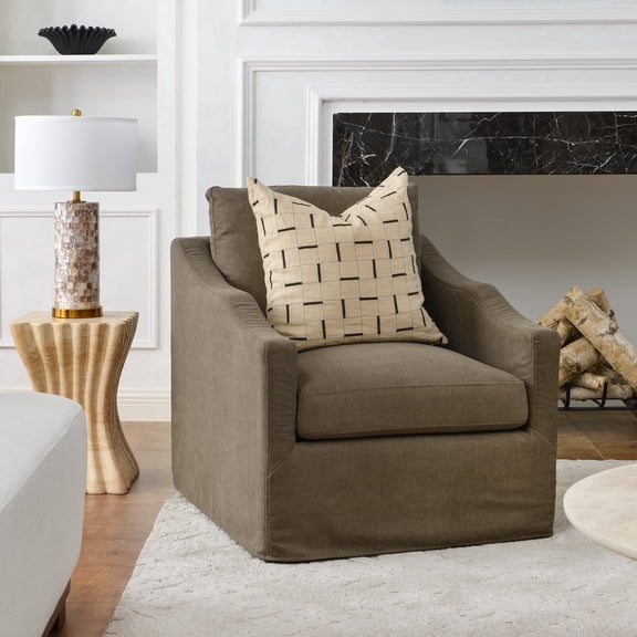 Brown Slipcovered Swivel Barrel Accent Chair with Removable Cushions, Modern Upholstered Armchair