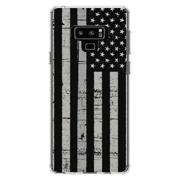 DistinctInk Clear Shockproof Hybrid Case for Samsung Galaxy Note 9 - TPU Bumper, Acrylic Back, Tempered Glass Screen Protector - Black Grey US Flag United States - America
