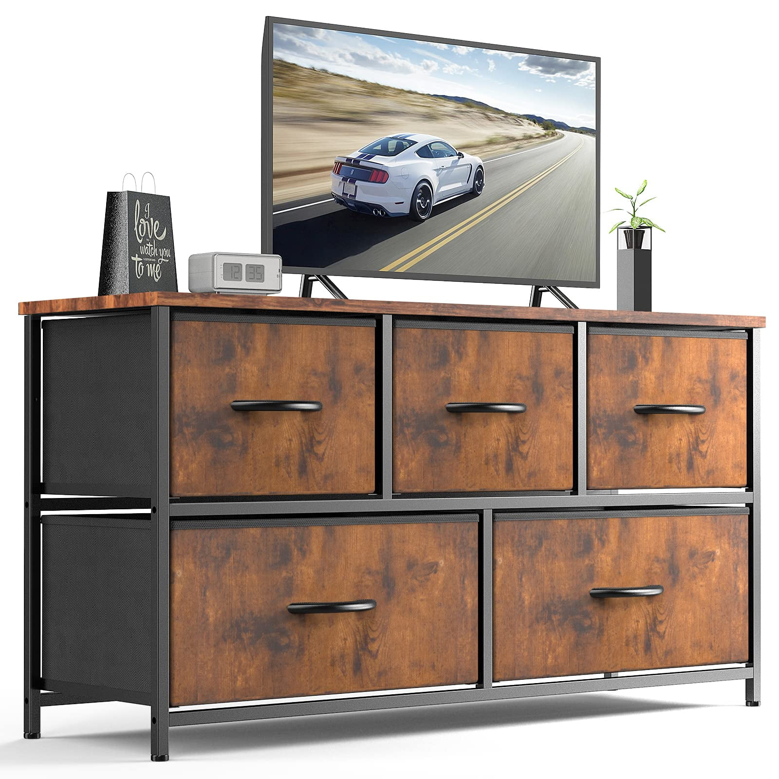 CONCETTA Dresser for Bedroom, 5 Fabric Drawers Dresser, Clothes Cabinet Storage Organizers and Wood Top Surface Table for TV, Chest of Drawers for Living Room, Hallway