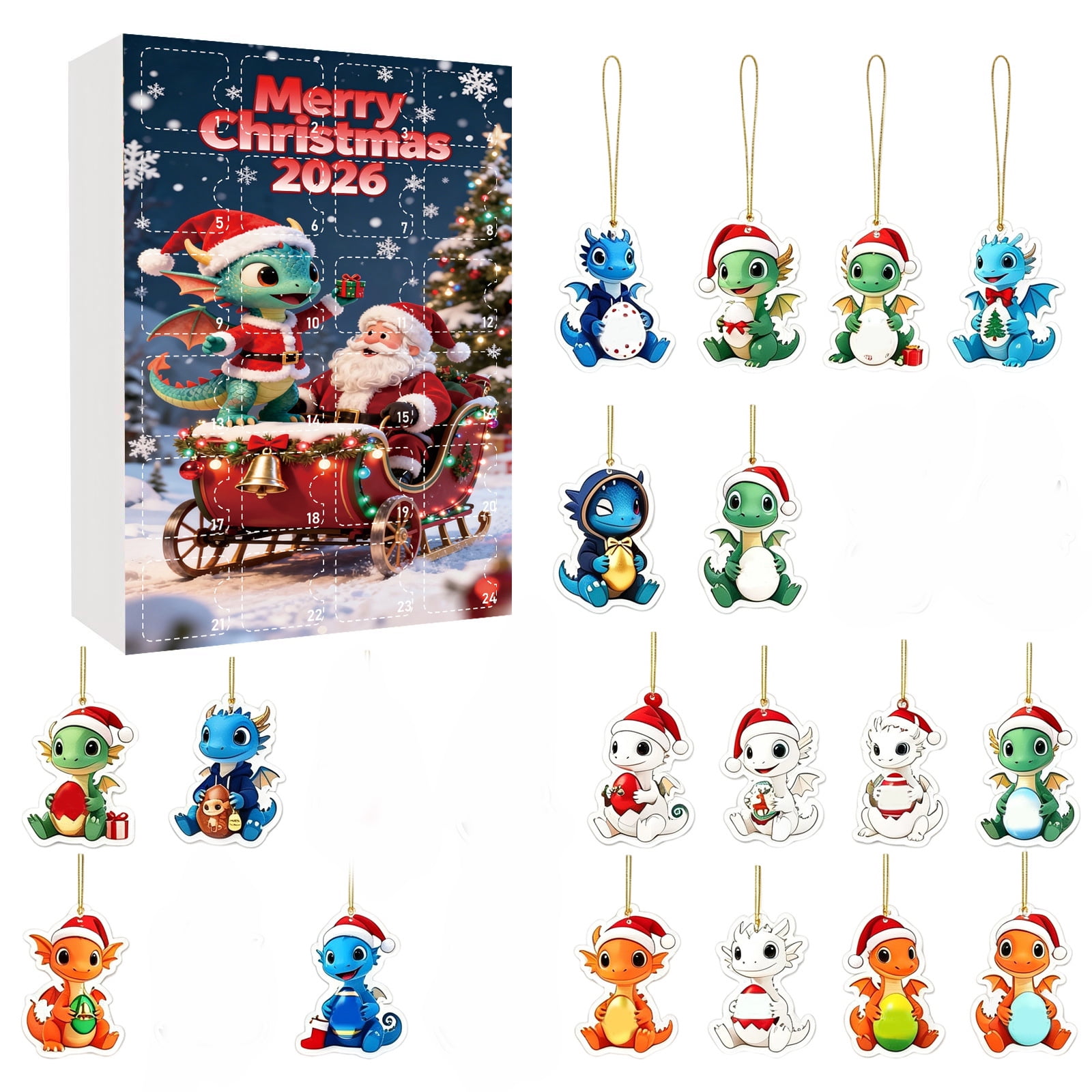 2026 Christmas Baby Dragon Advent Calendar, 24 Pieces Kawaii Dragon Acrylic Ornaments, Holiday Countdown Surprise Stocking Stuffer Gifts for Boys Girls Teens