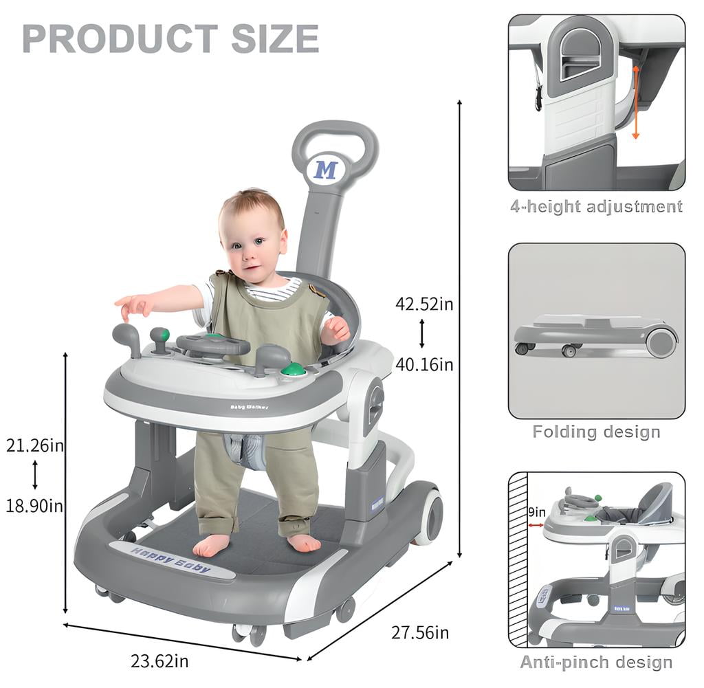 LUOLUO 5-in-1 Foldable Baby Walker with Foot Pads/Handles for Boys and Girls 6-24 Months,Gray