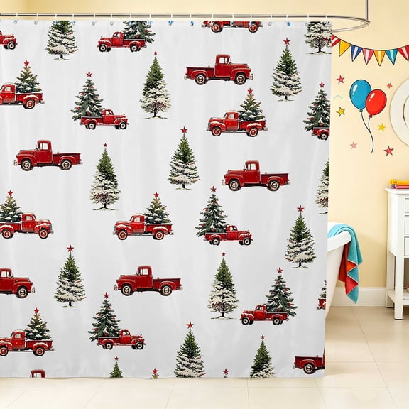 Erosebridal Christmas Truck Shower Curtain 72Wx72L, Christmas Tree Bathroom Curtain, White Christmas