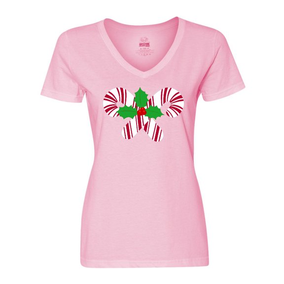 Inktastic Candy Canes and Holly Christmas Women's V-Neck T-Shirt