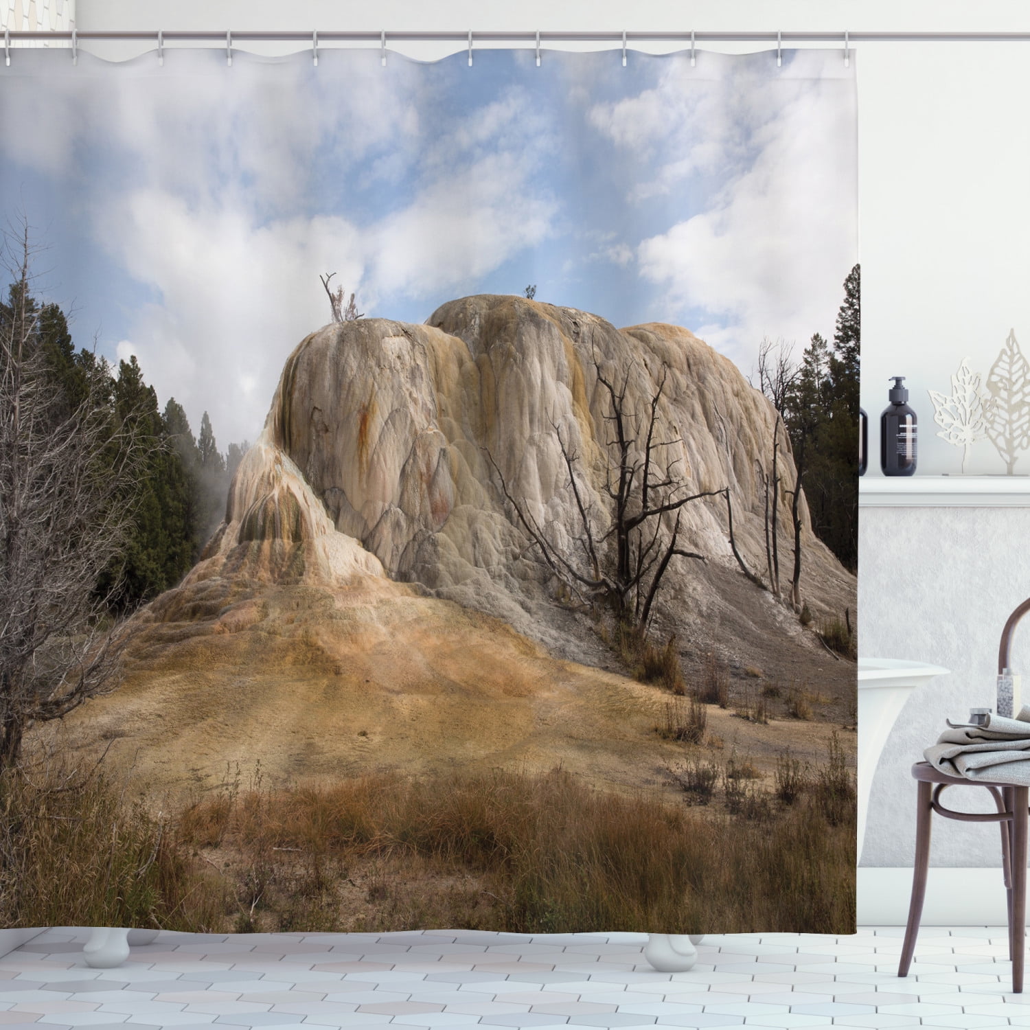 Yellowstone Decor Shower Curtain, Big Rock in Orange Spring Mound