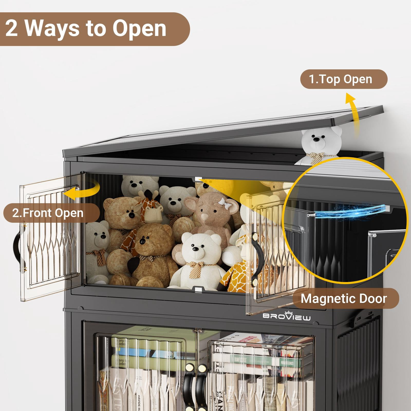 BROVIEW 180Qt Stackable Storage Bins with Lid, Plastic Closet Organizers and Storage Drawer, Collapsible Storage Box with Wheels, Folding Storage Cabinet for Closet Clothes Organization, 3Pack Black